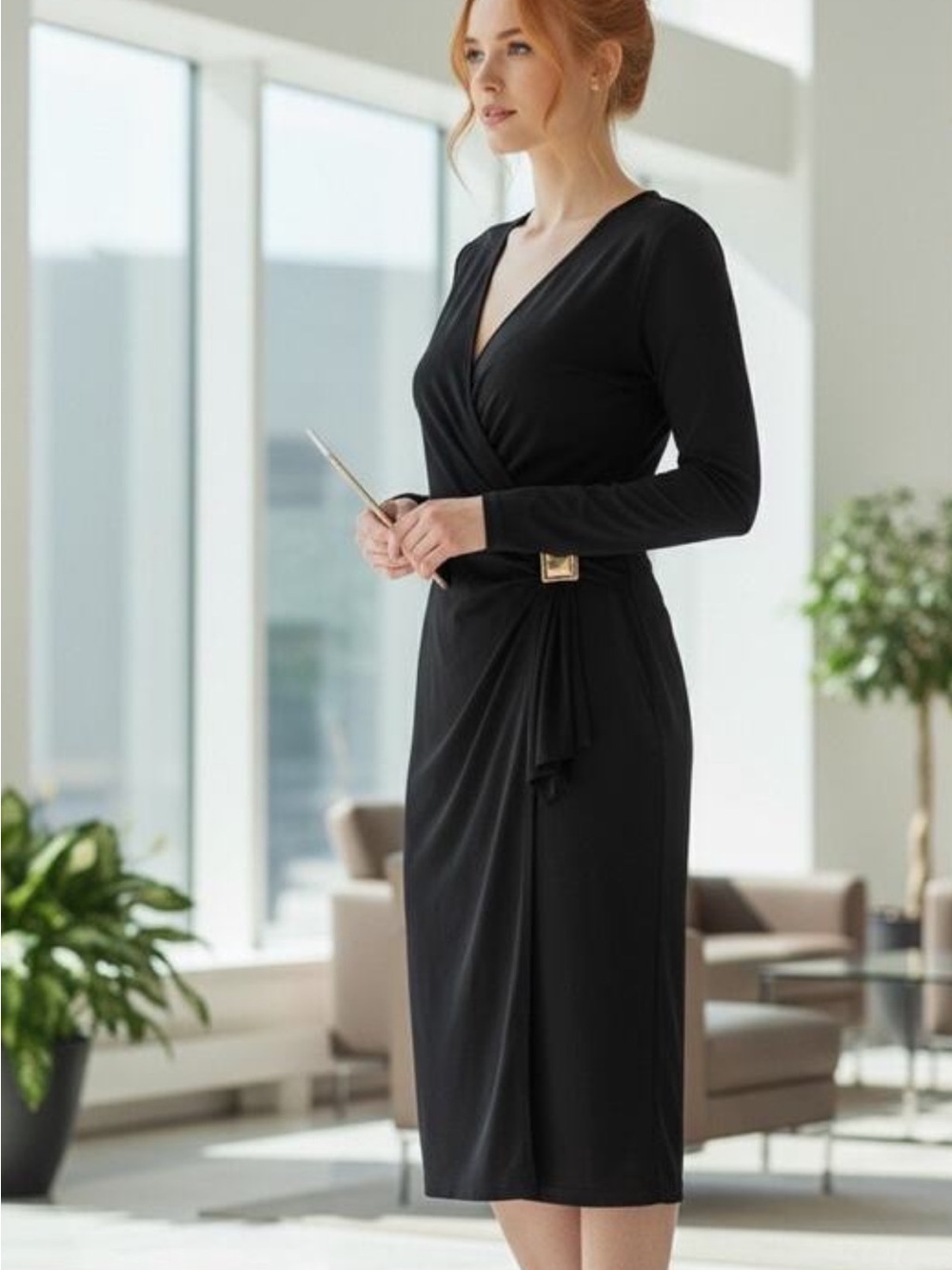 Donna Karan Black Long-Sleeve faux wrap midi dress